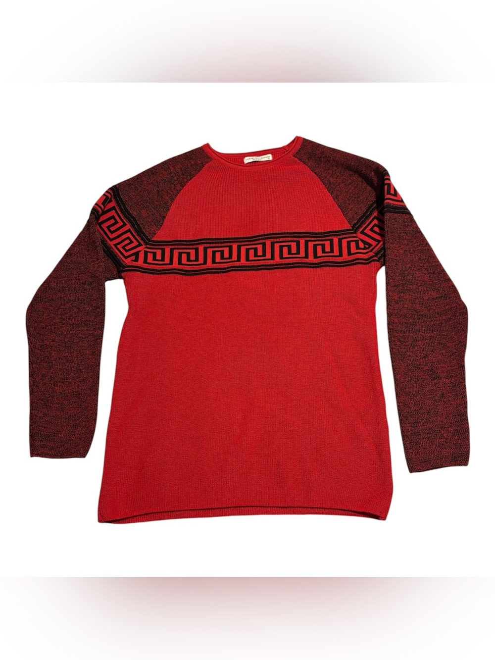 Men's Red Crewneck Sweater with Black Geometric Trim